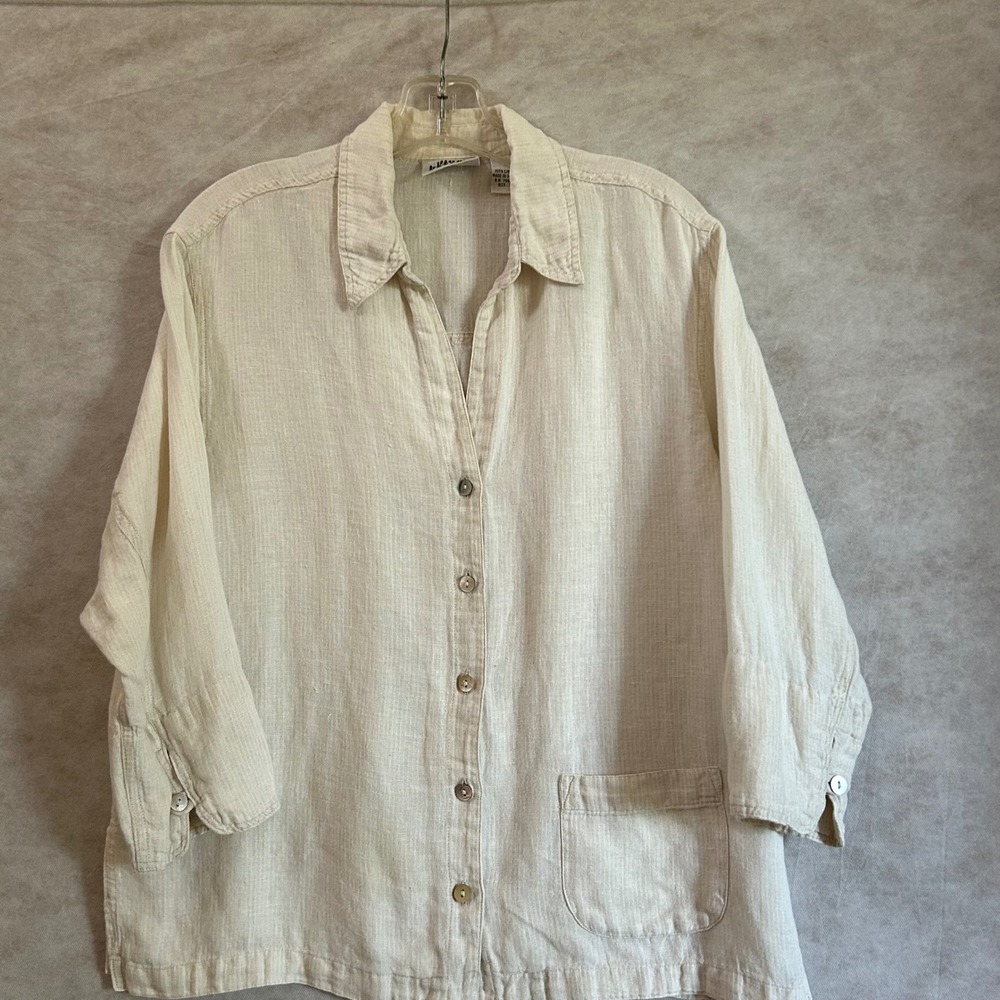 Chicos Design Women Size 1 Oatmeal Beige 100% Linen Button Front 3/4 Sleeve Top